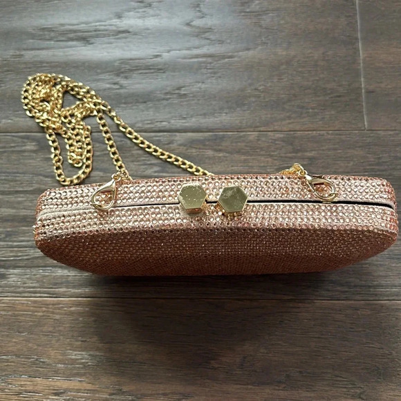 Rose Gold Rhinestone evening bag/clutch removable gold chain,rectangle-bevel cut - Picture 3 of 12
